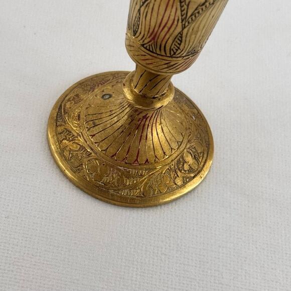 Vintage Solid Brass Bud Vase Hand Engraved Floral Feather Design 6.5" India - Picture 4 of 7